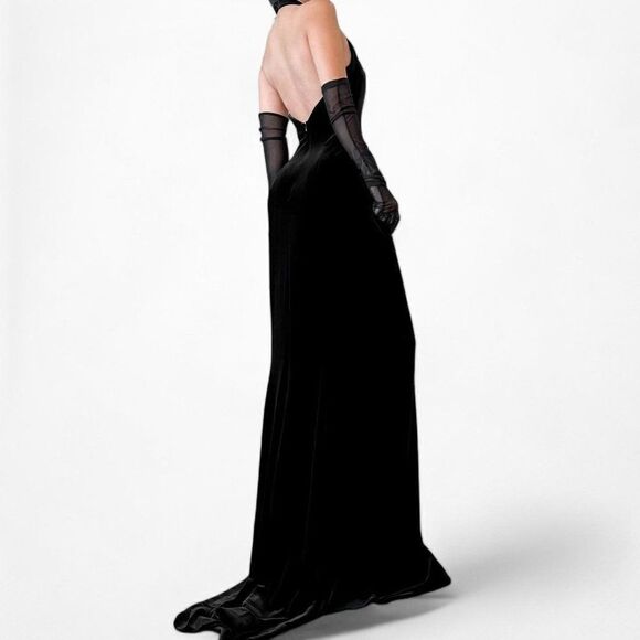 Vintage Black Velvet V-Neck Bodycon Maxi Cocktail Formal Prom Dress Size M/L - Picture 4 of 7